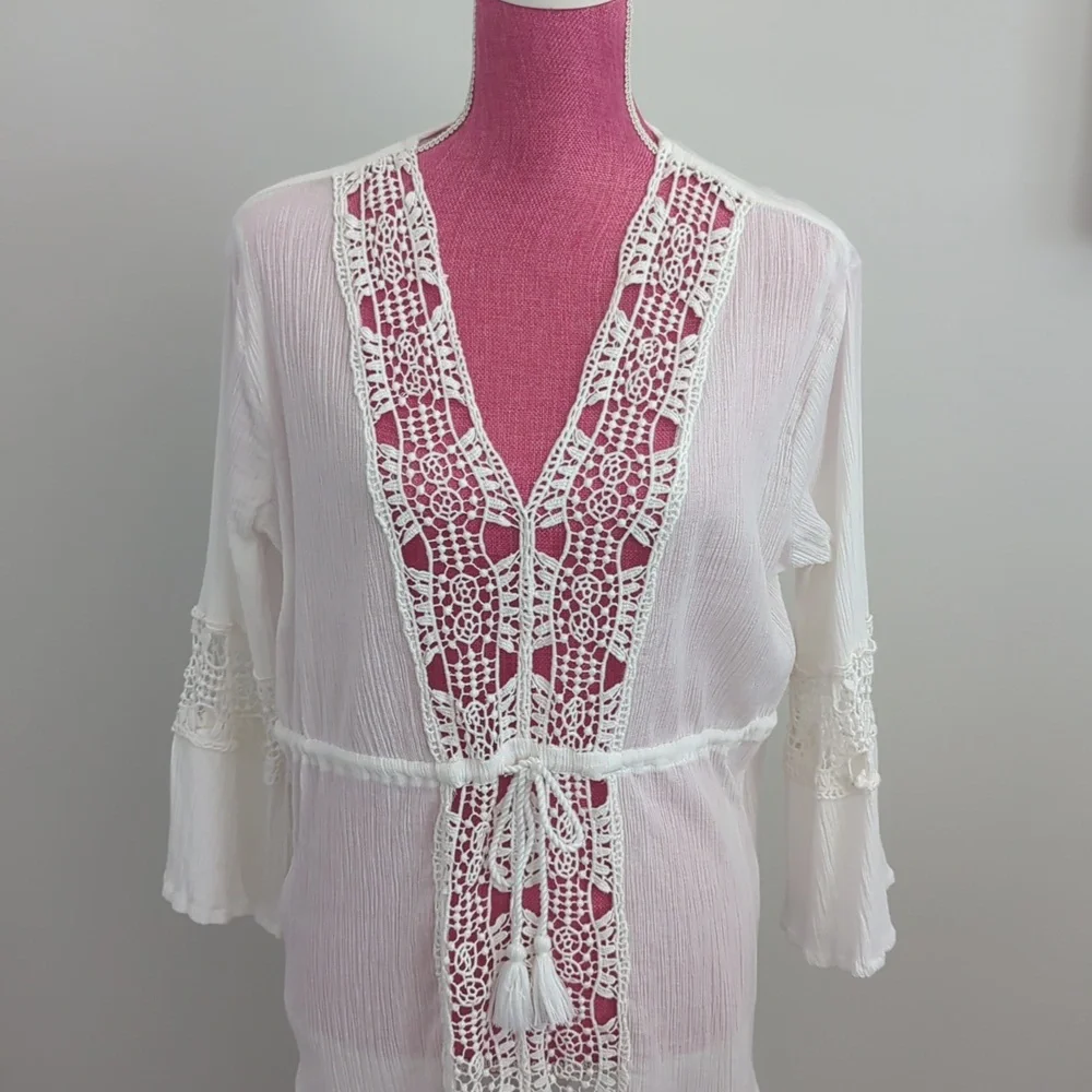 Blue Island Cotton Gauze Beach Cover Up White size Large - Picture 2 of 8